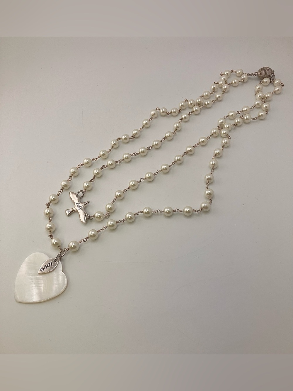 Katia Designs Silver/White Pearl Heart & Dove Layered Necklace NWT - Picture 7 of 7